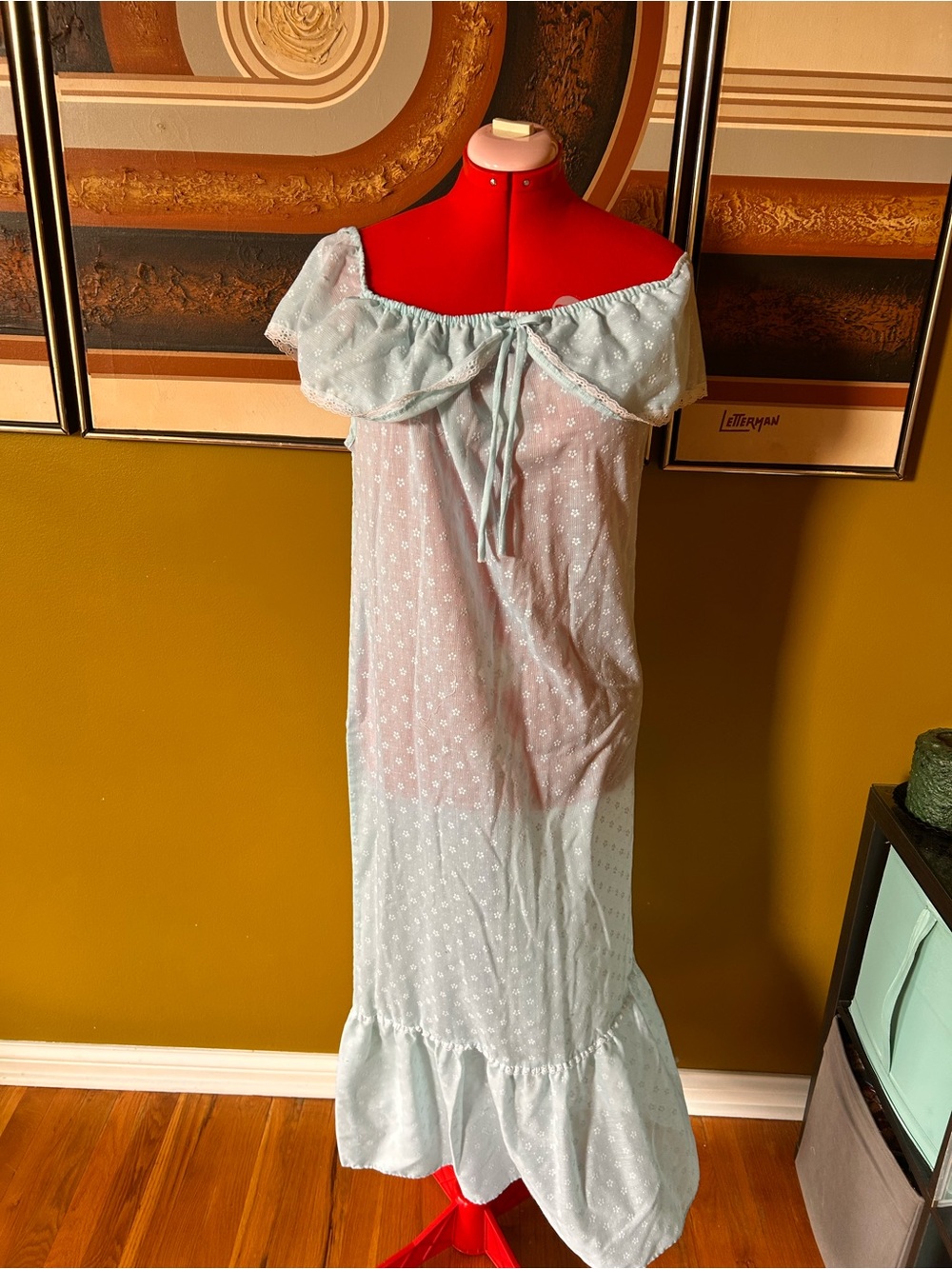 Vintage Light Blue Off-Shoulder Eyelet Maxi Nightgown - Picture 1 of 2